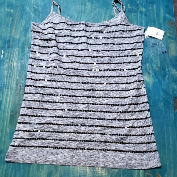 GREY SPAGHETTI STRAP TANKTOP WITH SILVER SEQUIN STRIPES NEW MEDIUM - Picture 1 of 5